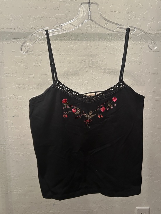St. John's Bay Tops - St. John's Bay Black Cami with Pink Floral Embroidery